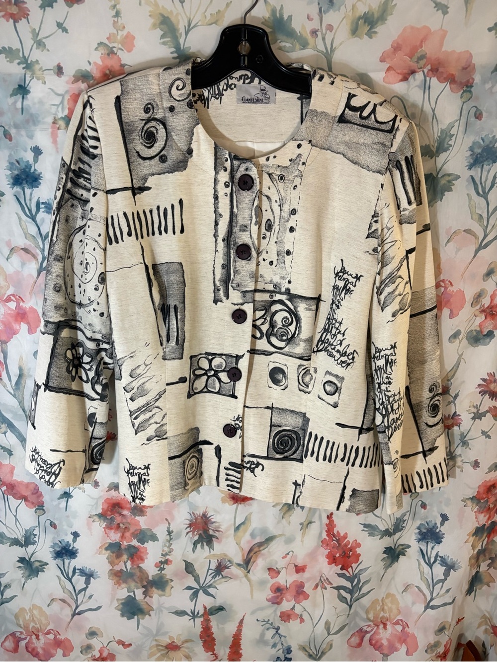 Vintage Abstract Print Button Front Jacket - Black on Cream